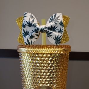 Leaf Yellow Glitter Bow Straw Topper